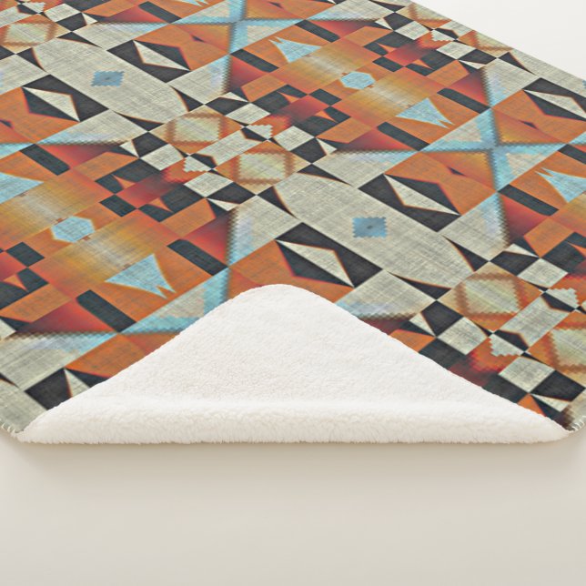 Blue Red Orange Taupe Brown Black Tribal Art Sherpa Blanket (3/4)