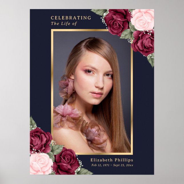 Blue Red Photo Celebration of Life Funeral Sign (Front)