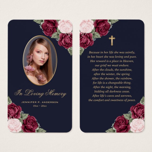 Blue Red Pink Roses Gold Cross Funeral Prayer Card (Front & Back)