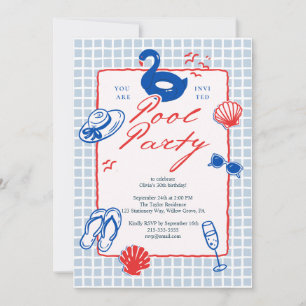 Blue Red Playful Illustrated Pool Party Summer Invitation