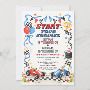 Blue & Red Race Car Sibling Start Engines Birthday Invitation