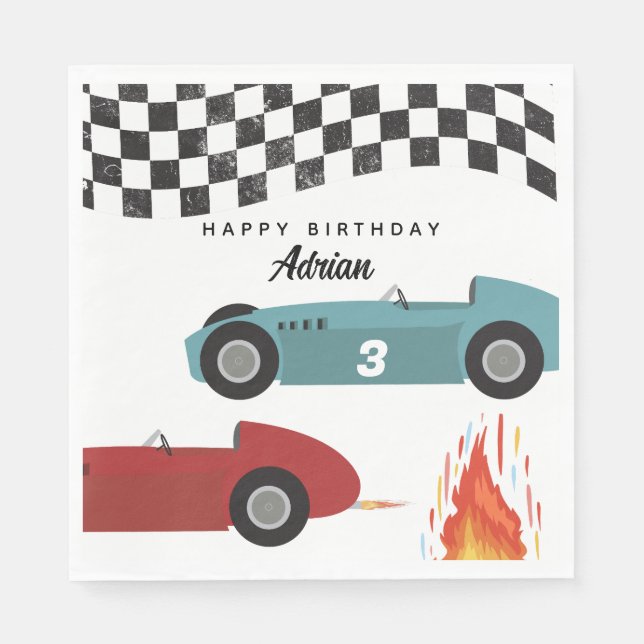Blue Red Race Fast Retro Racing Cars Birthday Napkin (Front)