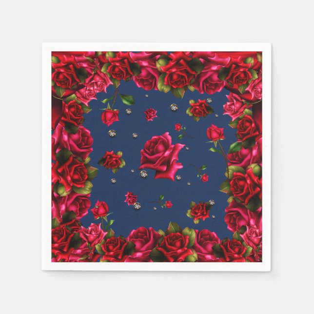 Blue Red Roses & Diamond Bling Elegant Party Napkin (Front)