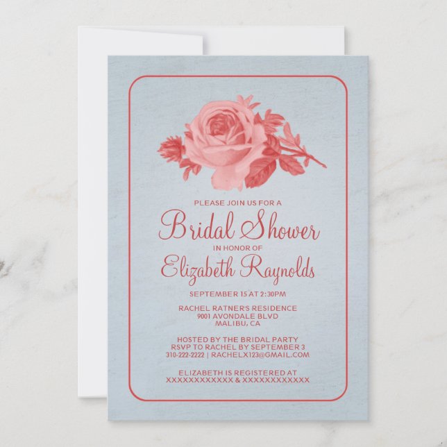 Blue Red Rustic Floral/Flower Bridal Shower Invite (Front)