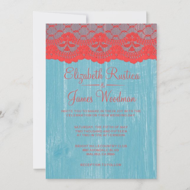 Blue & Red Rustic Lace Wood Wedding Invitations (Front)