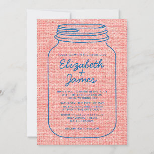 Blue & Red Rustic Mason Jar Wedding Invitations