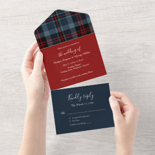 blue red scottish wedding celtic tartan plaid all in one invitation