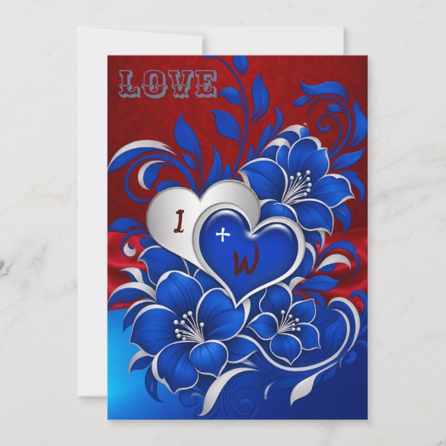Blue Red Scrolls Hearts Wedding Invitation (Front)