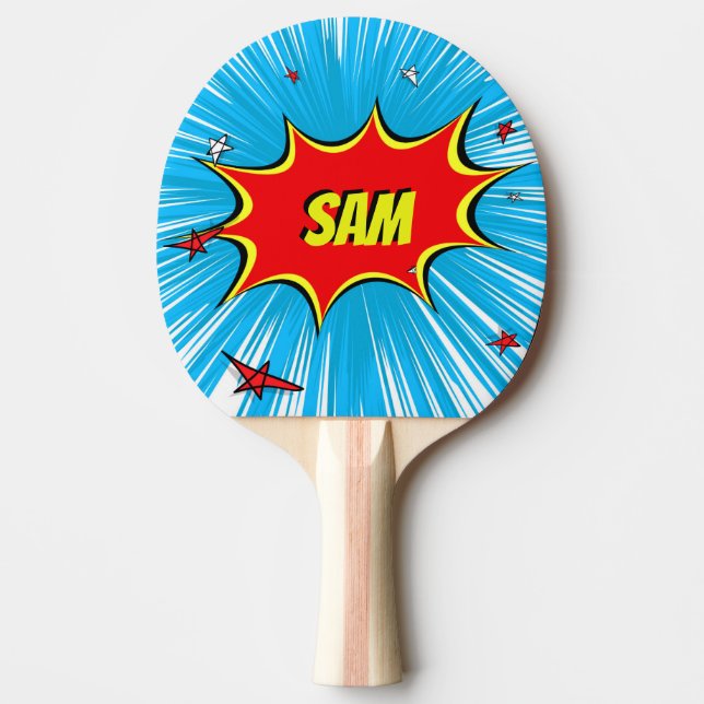 Blue & Red Stars Comic Explosion Personalised Ping Pong Paddle (Front)