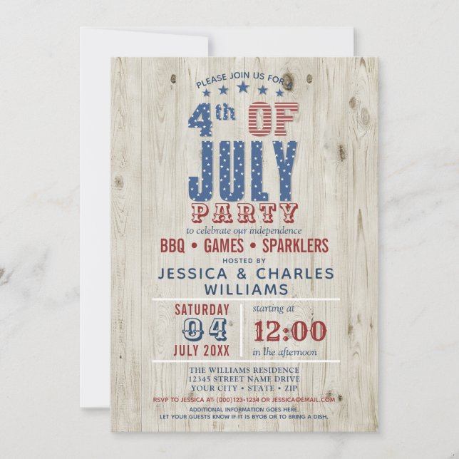 Blue & Red Stars & Stripes Rustic | 4th of July Invitation (Front)