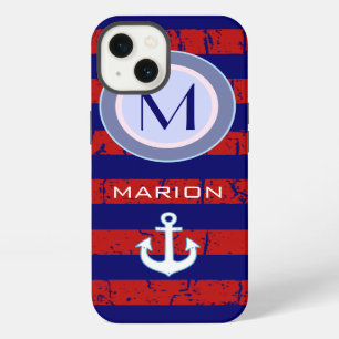 blue&red stripes & anchor monogram iPhone 13 case