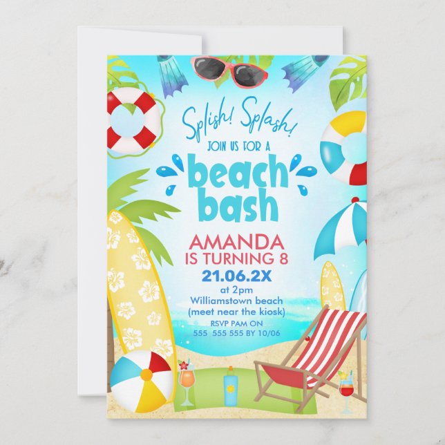 Blue Red Summer Beach Bash Birthday Invitation (Front)