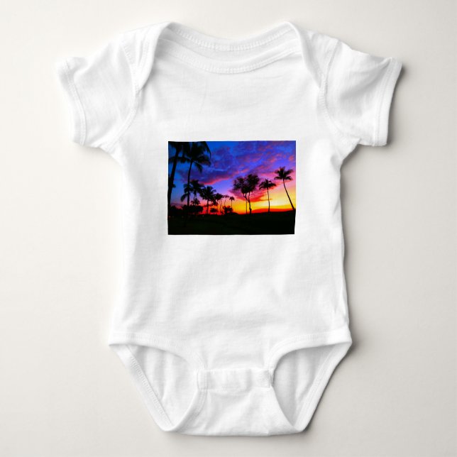 Blue Red Sunset Exotic Hawaiian Beach Palm Trees Baby Bodysuit (Front)