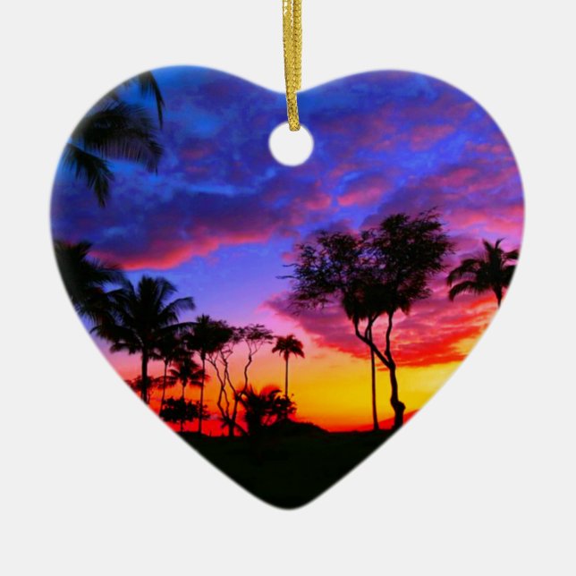 Blue Red Sunset Exotic Hawaiian Beach Palm Trees Ceramic Tree Decoration (Front)