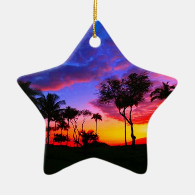 Blue Red Sunset Exotic Hawaiian Beach Palm Trees Ceramic Tree Decoration (Front)