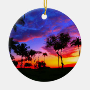 Blue Red Sunset Exotic Hawaiian Beach Palm Trees Ceramic Tree Decoration