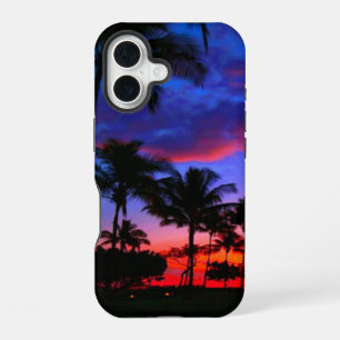 Blue Red Sunset Exotic Hawaiian Beach Palm Trees iPhone 16 Case