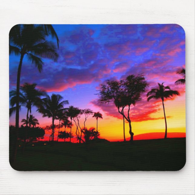 Blue Red Sunset Exotic Hawaiian Beach Palm Trees Mouse Pad (Front)