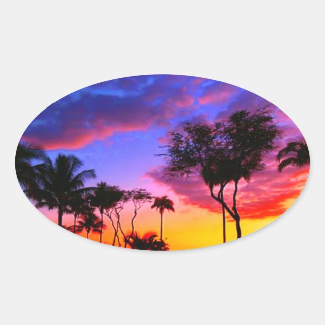 Blue Red Sunset Exotic Hawaiian Beach Palm Trees Oval Sticker (Front)