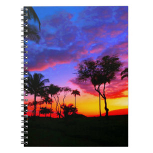 Blue Red Sunset Exotic Hawaiian Beach Palm Trees Spiral Notebook