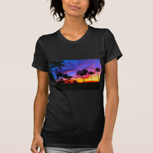 Blue Red Sunset Exotic Hawaiian Beach Palm Trees T-Shirt