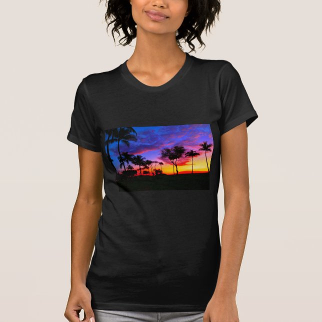 Blue Red Sunset Exotic Hawaiian Beach Palm Trees T-Shirt (Front)