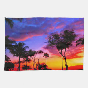 Blue Red Sunset Exotic Hawaiian Beach Palm Trees Tea Towel