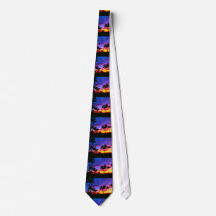 Blue Red Sunset Exotic Hawaiian Beach Palm Trees Tie