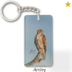 Blue Red-Tailed Hawk Bird Painting Initials  Key Ring