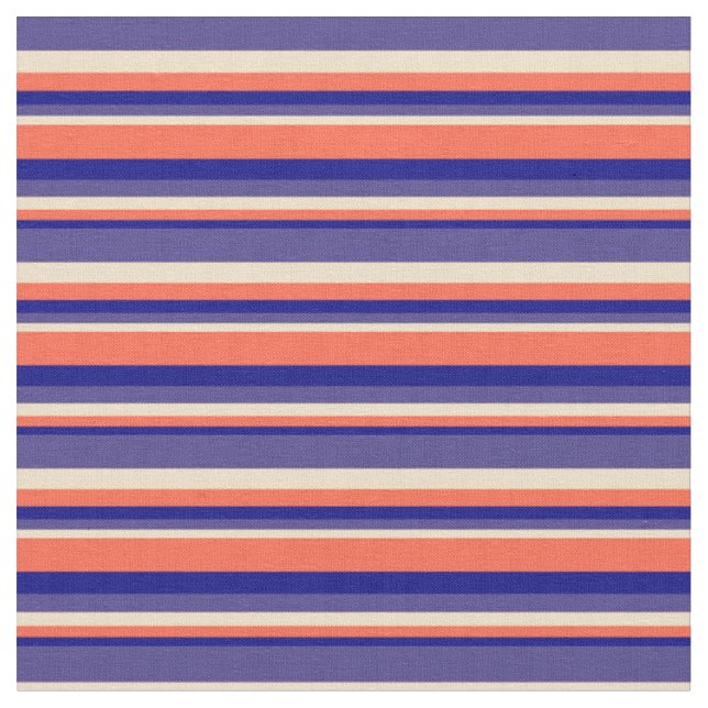 Blue, Red, Tan, and Dark Slate Blue Stripes Fabric (Close Up)