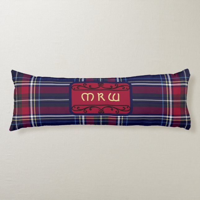 Blue Red Tartan Monogram in Celtic Lion Font | Body Cushion (Front)