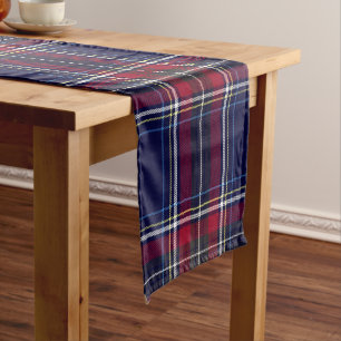 Blue Red Tartan Monogram in Celtic Lion Font Long Table Runner
