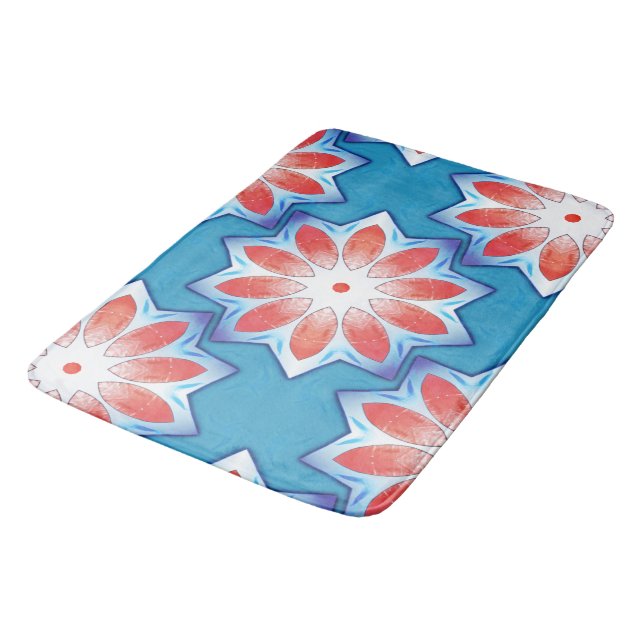 Blue red ten stub star kaleidoscope in soft shiny  bath mat (Angled)