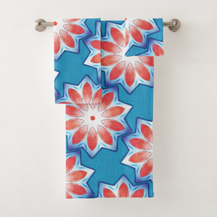 Blue red ten stub star kaleidoscope in soft shiny  bath towel set