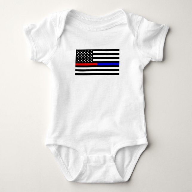 blue red thin line police firefighters symbol usa baby bodysuit (Front)