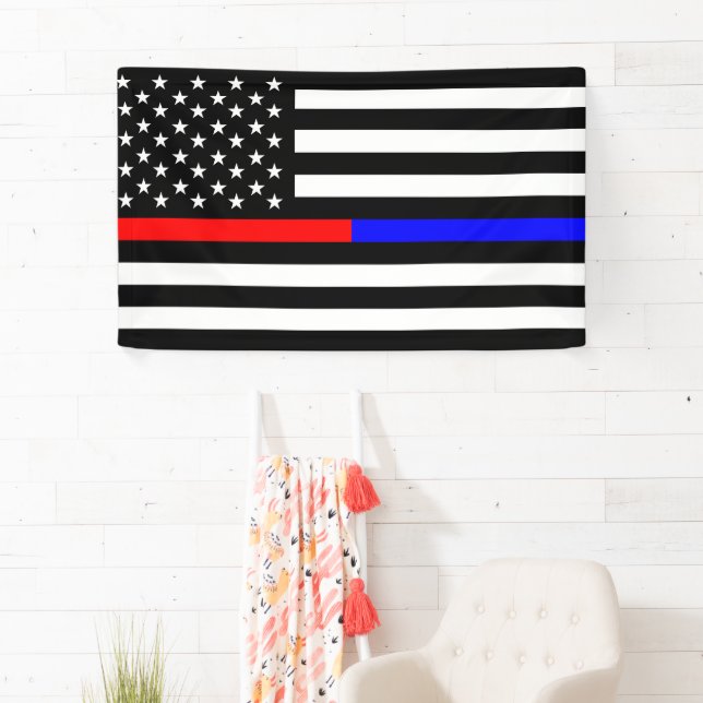 blue red thin line police firefighters symbol usa banner (Insitu)