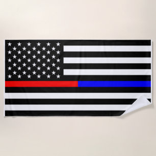 blue red thin line police firefighters symbol usa beach towel