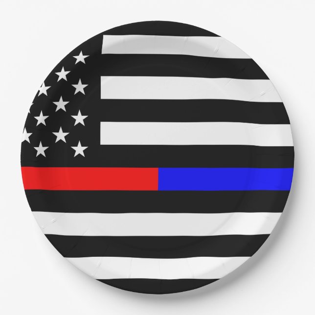 blue red thin line police firefighters symbol usa paper plate (Front)