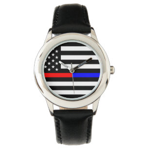 blue red thin line police firefighters symbol usa watch