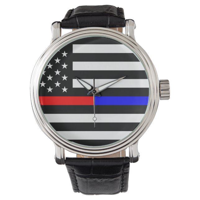 blue red thin line police firefighters symbol usa watch (Front)