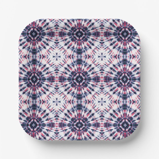 Blue & Red Tie Dye Pattern Paper Plate (Front)