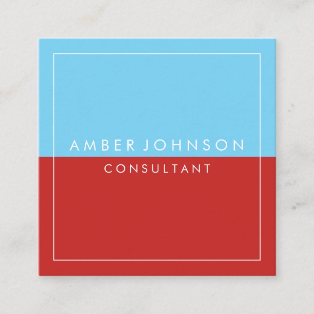 Blue Red Two Tone with White Border Square Business Card (Front)