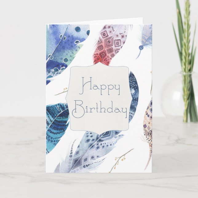 Blue & Red Watercolor Feathers Birthday Card (Front)