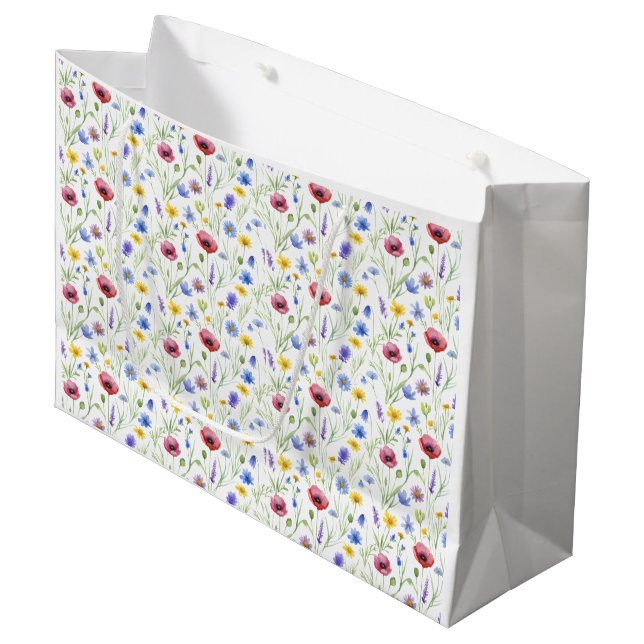 Blue Red Watercolor Wildflower Large Gift Bag (Front Angled)