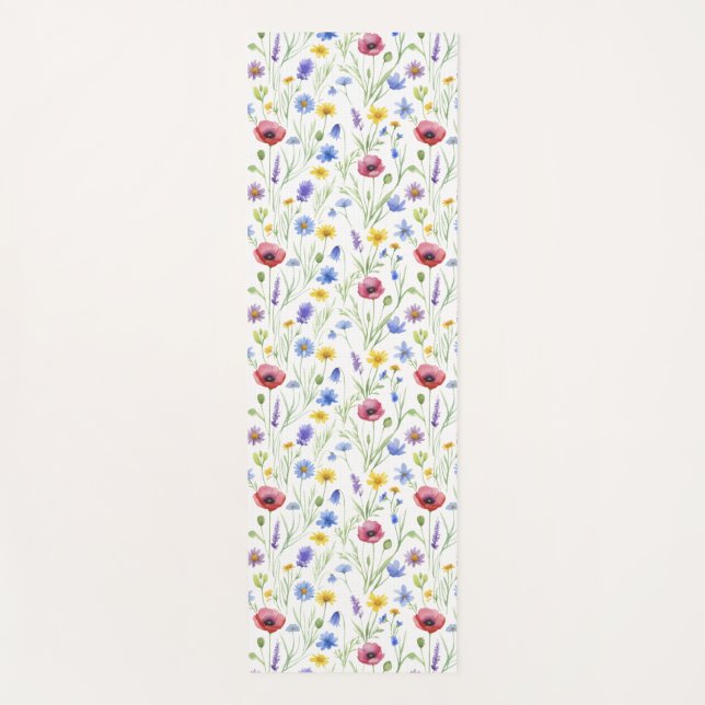 Blue Red Watercolor Wildflower Yoga Mat (Front)