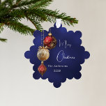 Blue red white baubles Christmas Tree Decoration Card<br><div class="desc">A navy blue,  uneven coloured background. Decorated with red and gold baubles and some greenery and a pine cone.  Personalise and add your name,  year.  Text: Merry Christmas</div>