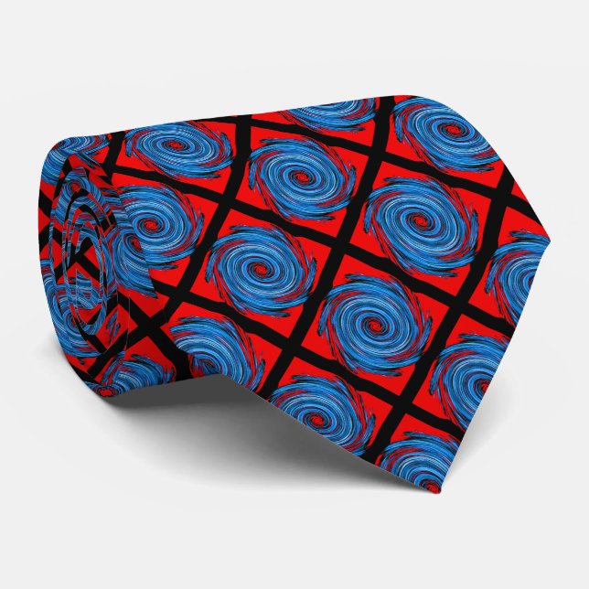 Blue Red White Black Swirl Pattern Tie (Rolled)