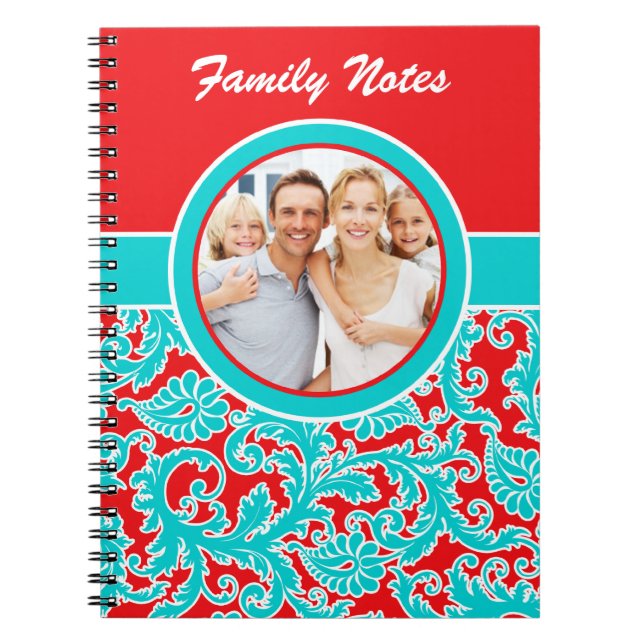 Blue Red White Damask Family Notes Photo Notebook (Front)