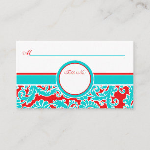 Blue Red White Damask Place Cards