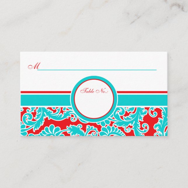Blue Red White Damask Place Cards (Front)